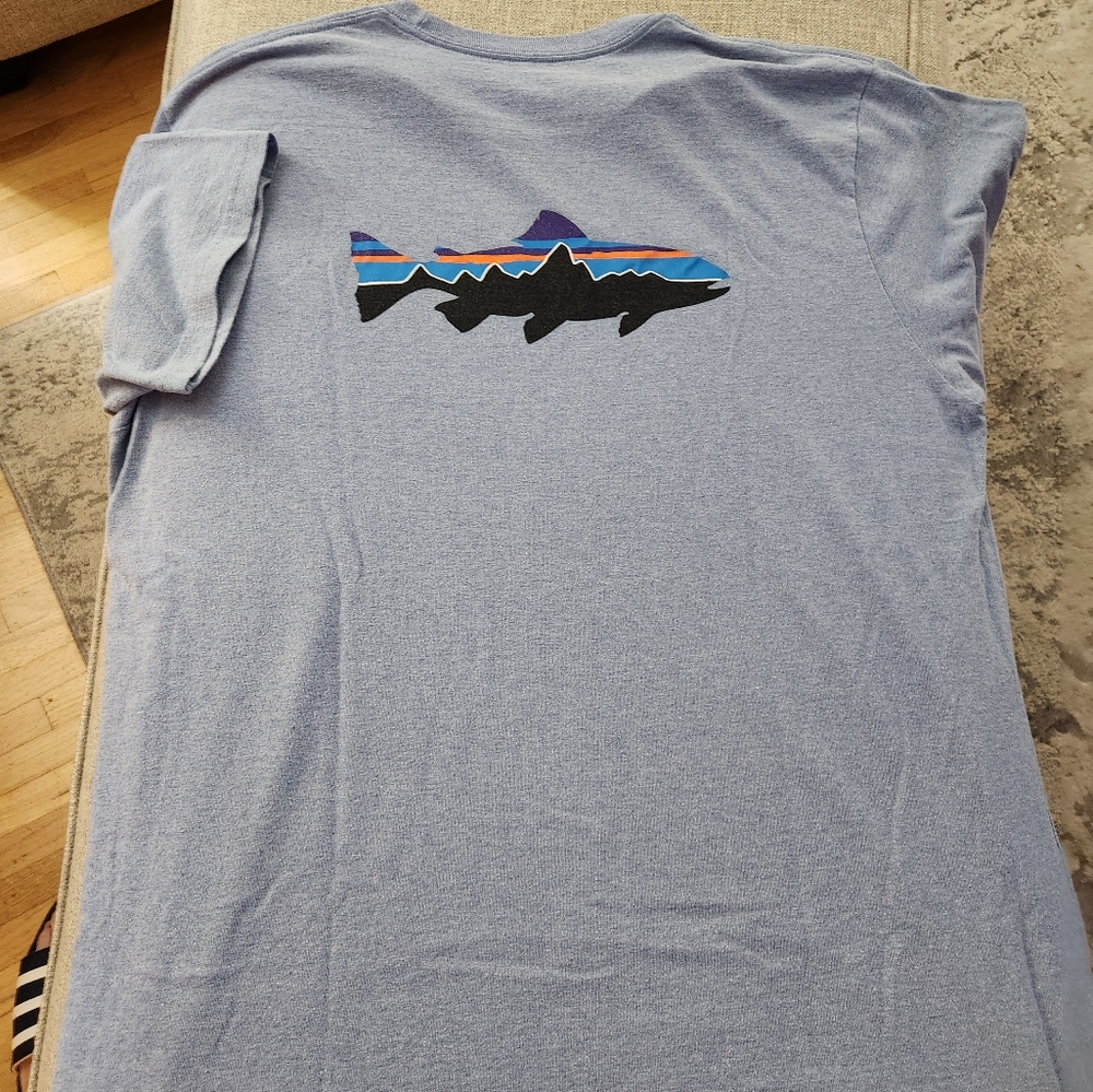 Patagonia Light Blue Short Sleeve Tee with Multicolor Fish Graphic